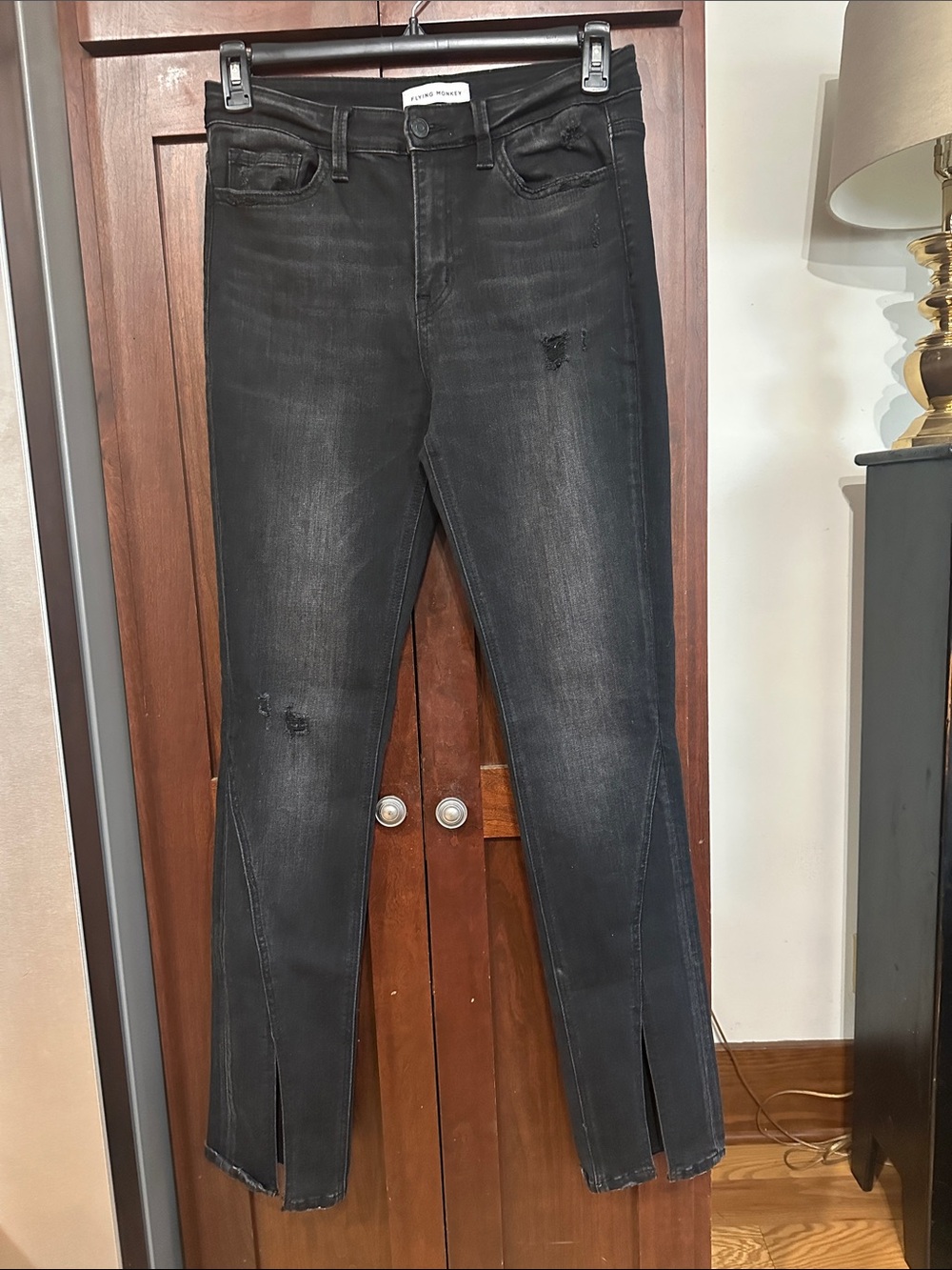 Flying Monkey Black Distressed Slim Jeans with Front Slits